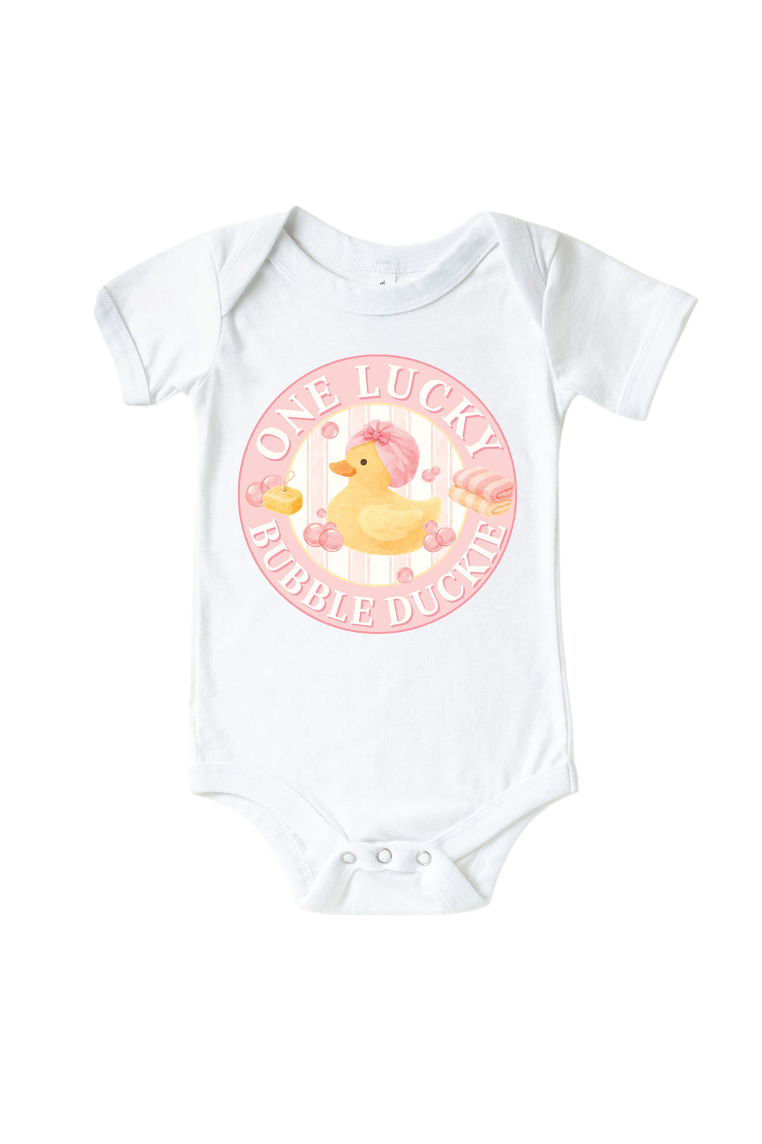 White baby bodysuit with pink circle One Lucky Bubble Duckie graphic featuring yellow rubber duck with pink bow and bubbles on front