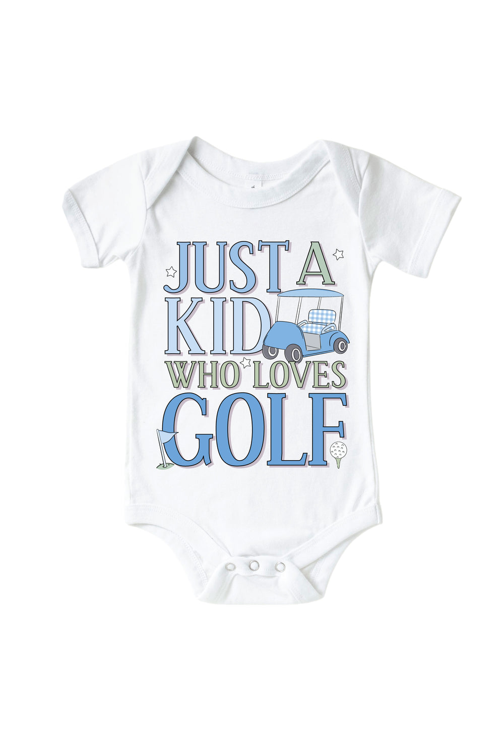 blue just a kid with golf love golf graphic bodysuit in white, caddie crew, flat lay