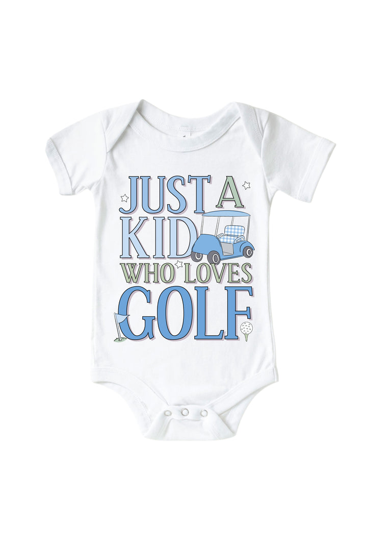 blue just a kid with golf love golf graphic bodysuit in white, caddie crew, flat lay