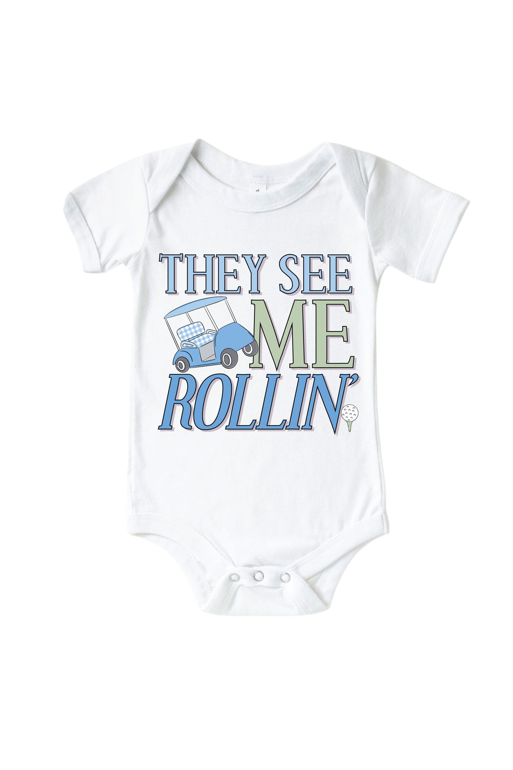 blue they see me rollin' golf graphic bodysuit in white, caddie crew, flat lay