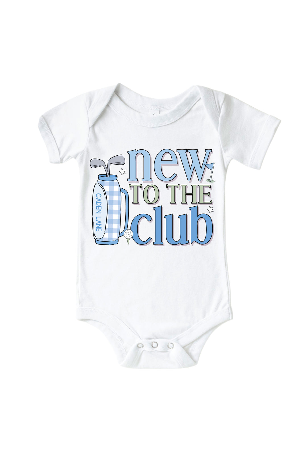 blue new to the club golf graphic bodysuit in white, caddie crew, flat lay