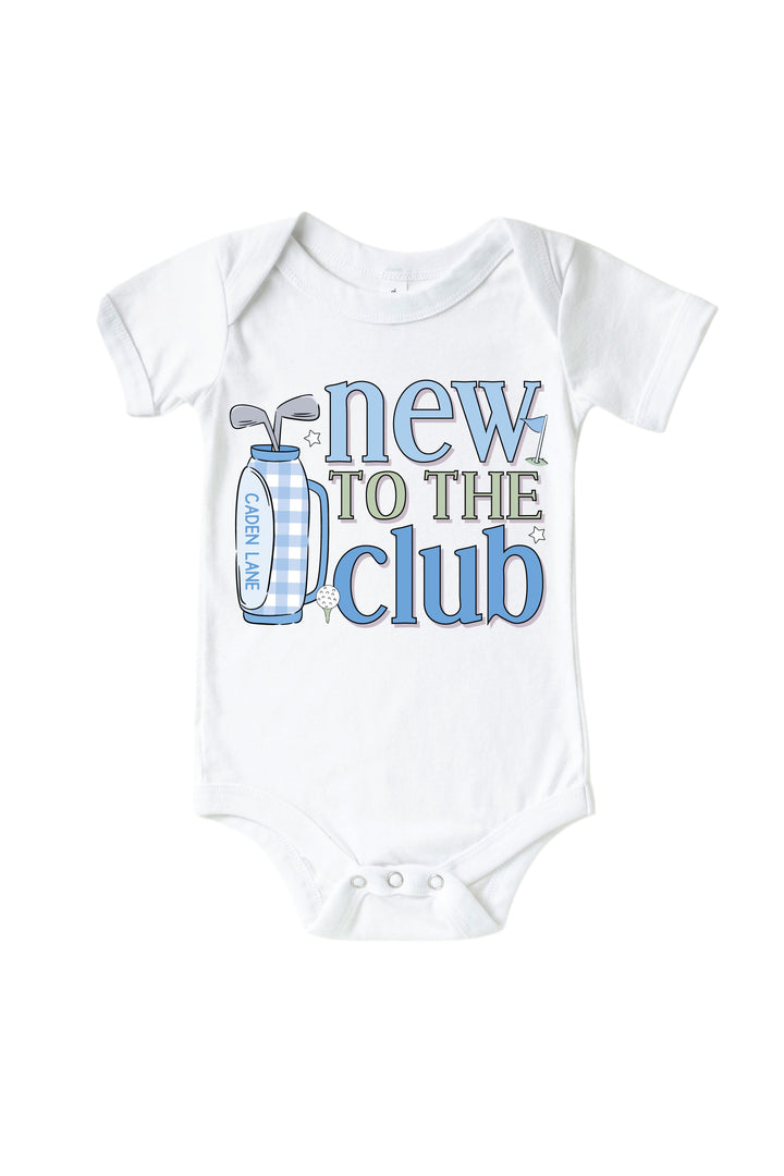blue new to the club golf graphic bodysuit in white, caddie crew, flat lay