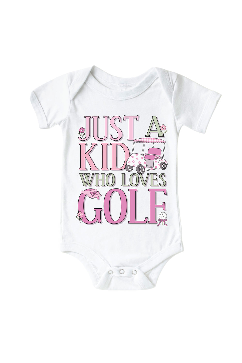 pink just a kid with golf love golf graphic bodysuit in white, caddie crew, flat lay