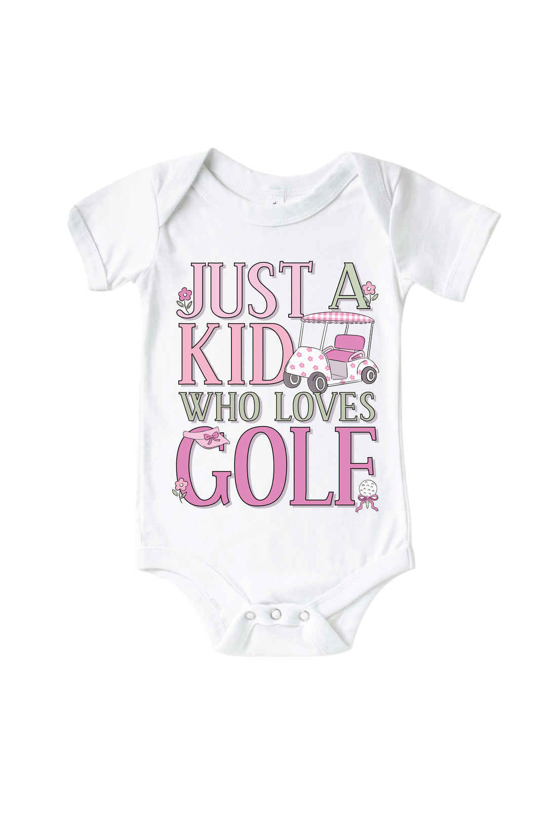 pink just a kid with golf love golf graphic bodysuit in white, caddie crew, flat lay