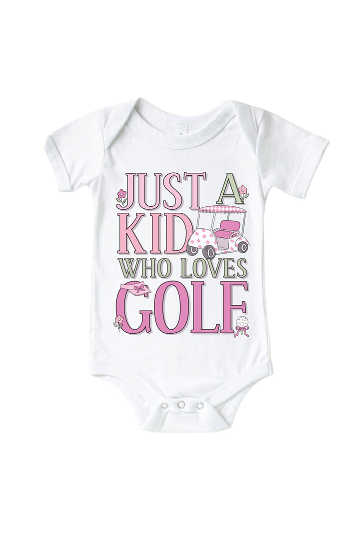 pink just a kid with golf love golf graphic bodysuit in white, caddie crew, flat lay