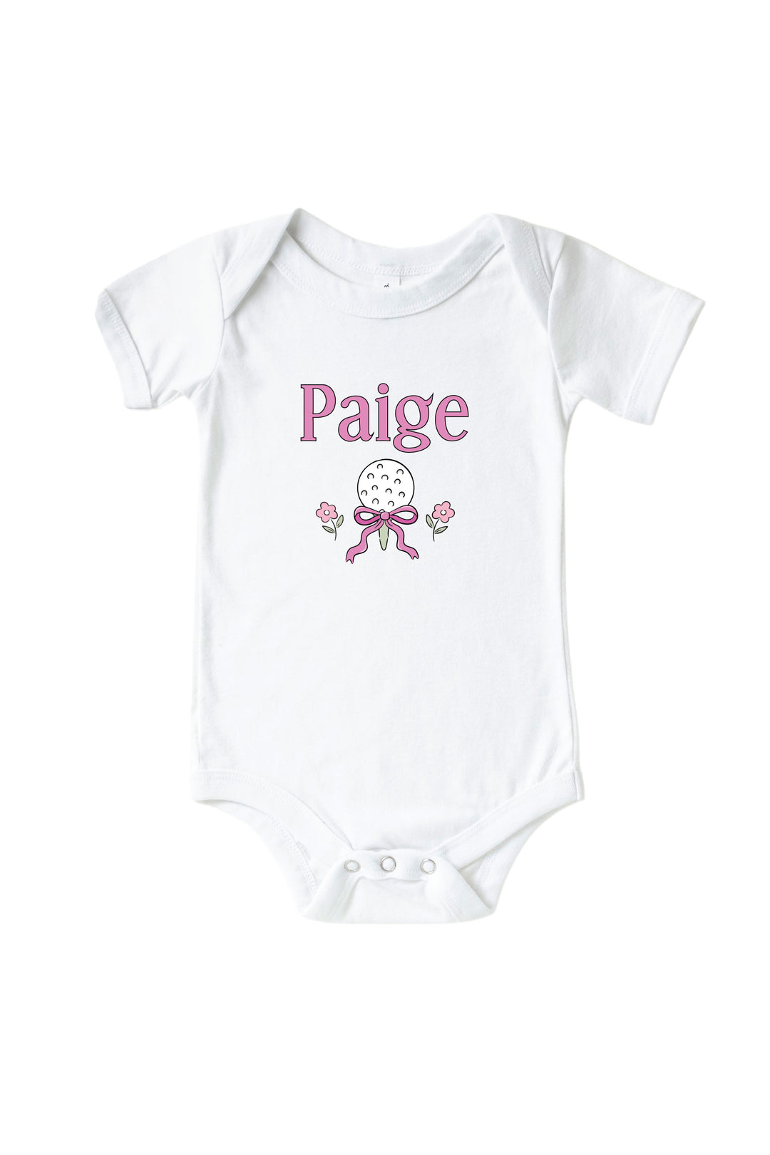 personalized pink golf graphic bodysuit in white, caddie crew, flat lay