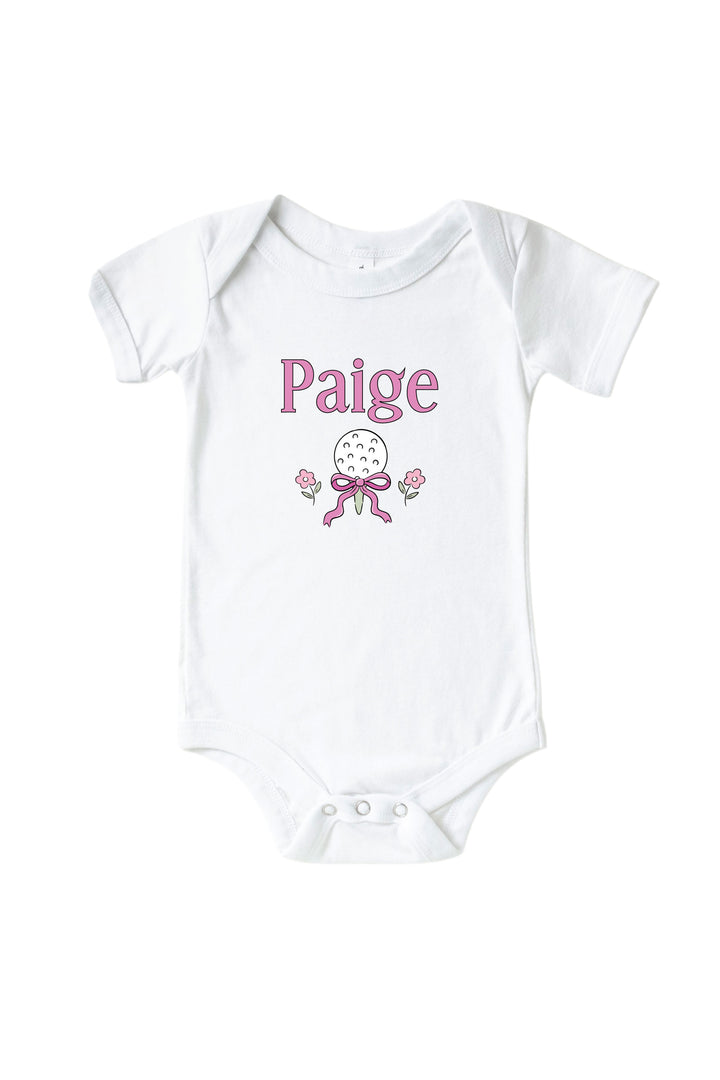 personalized pink golf graphic bodysuit in white, caddie crew, flat lay