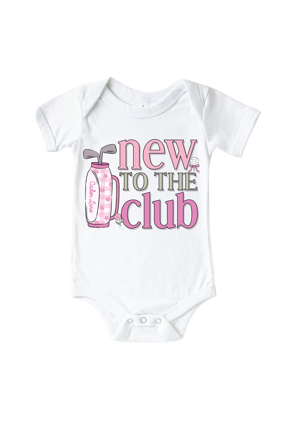 pink new to the club golf graphic bodysuit in white, caddie crew, flat lay