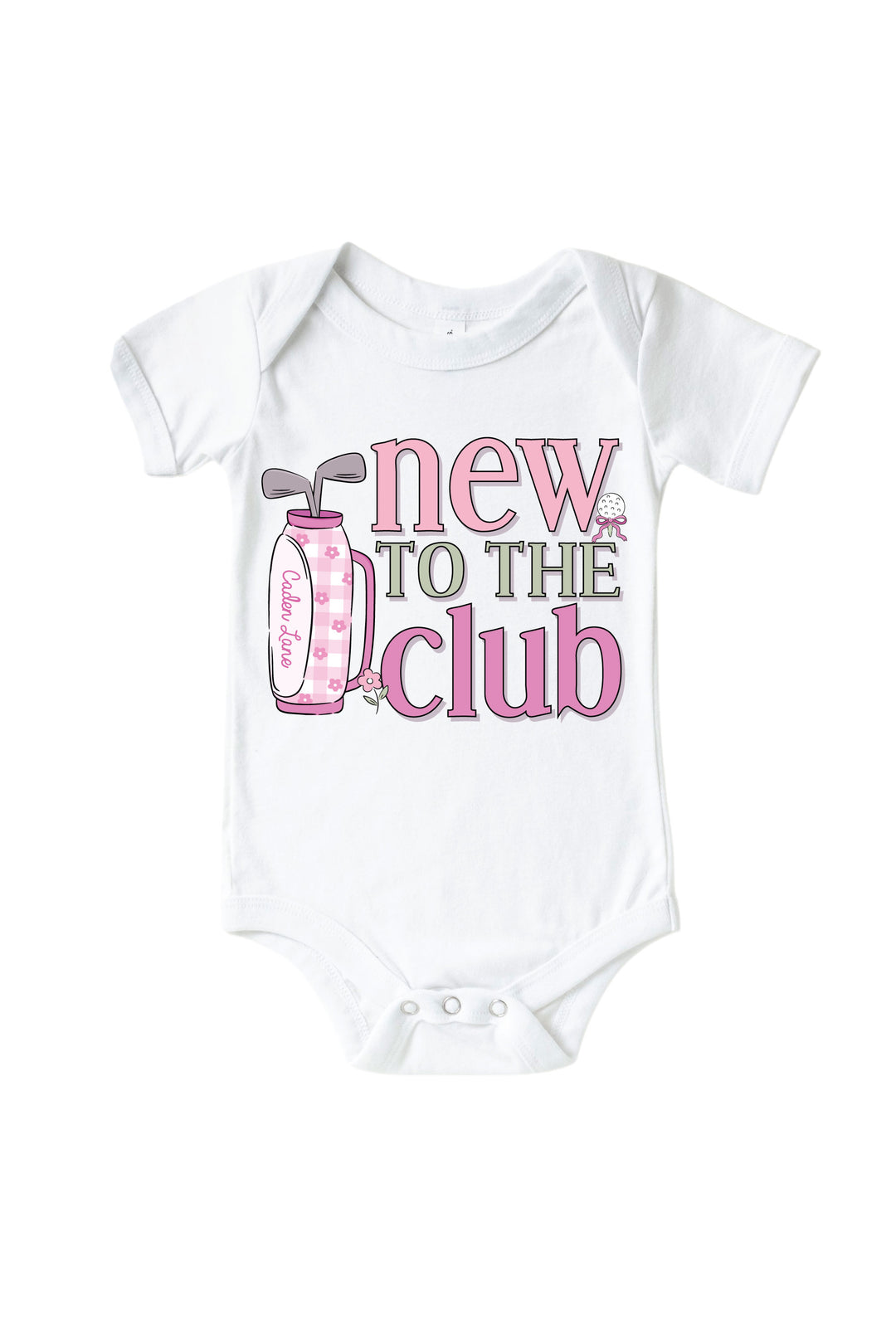 pink new to the club golf graphic bodysuit in white, caddie crew, flat lay