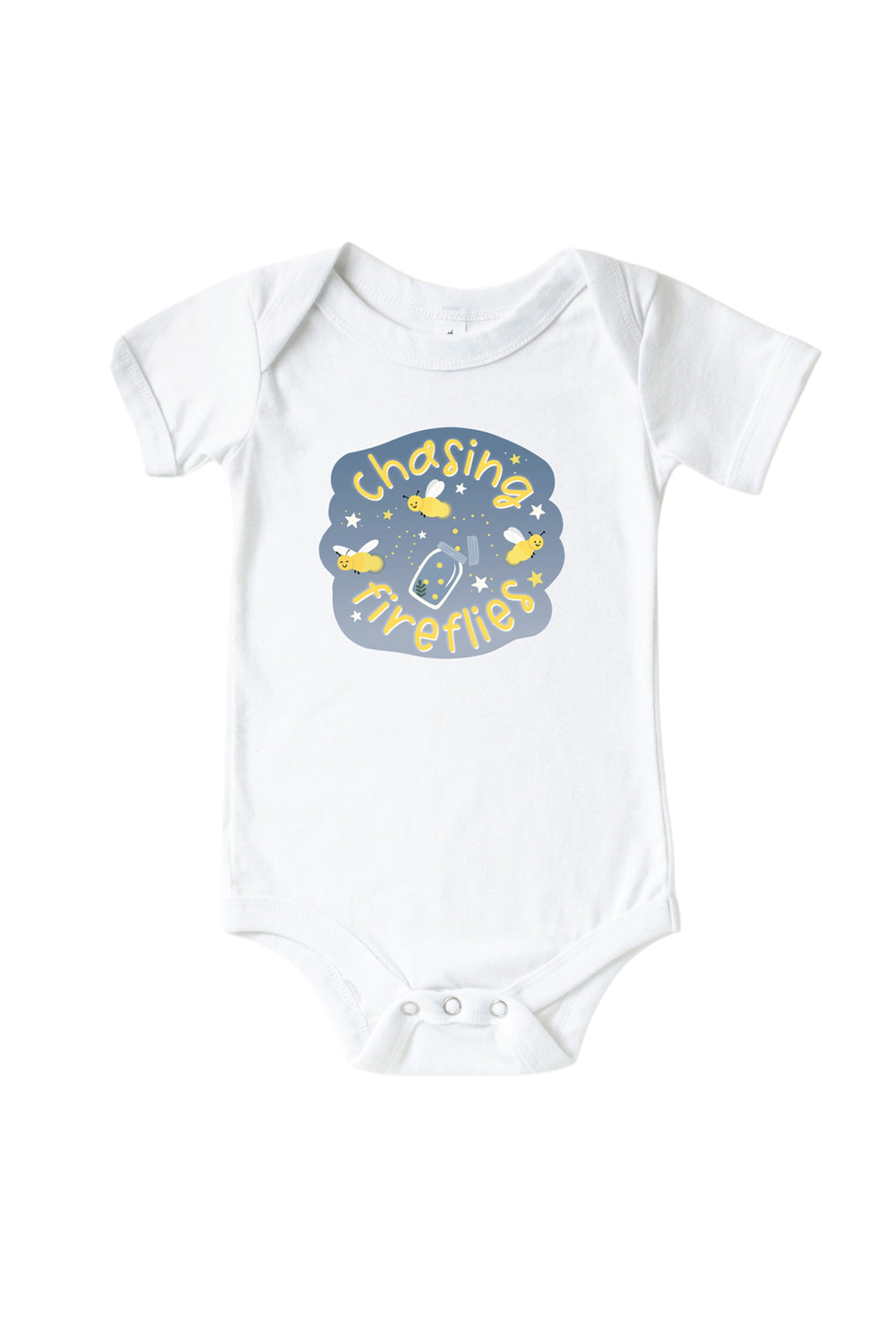 Front view of a Caden Lane white short-sleeve graphic bodysuit with a "Chasing Fireflies" graphic featuring yellow fireflies, stars, and a mason jar on a slate-blue badge.