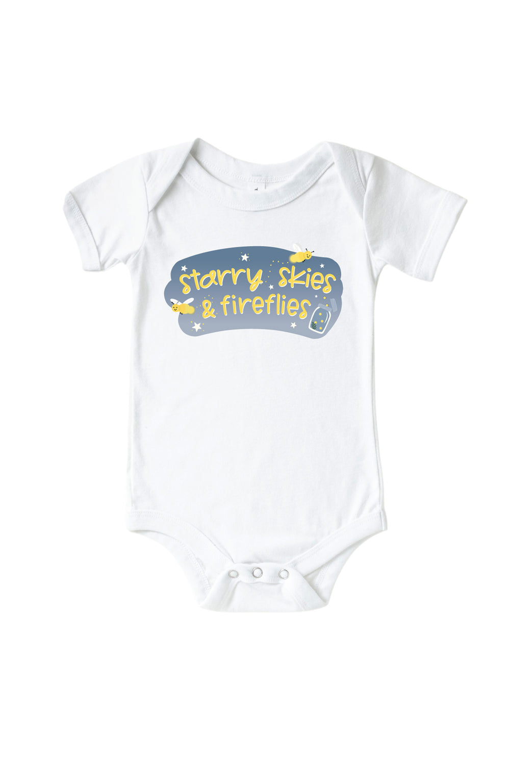 Front view of a Caden Lane white short-sleeve graphic bodysuit with a "Starry Skies & Fireflies" graphic featuring yellow fireflies, stars, and a glowing jar.