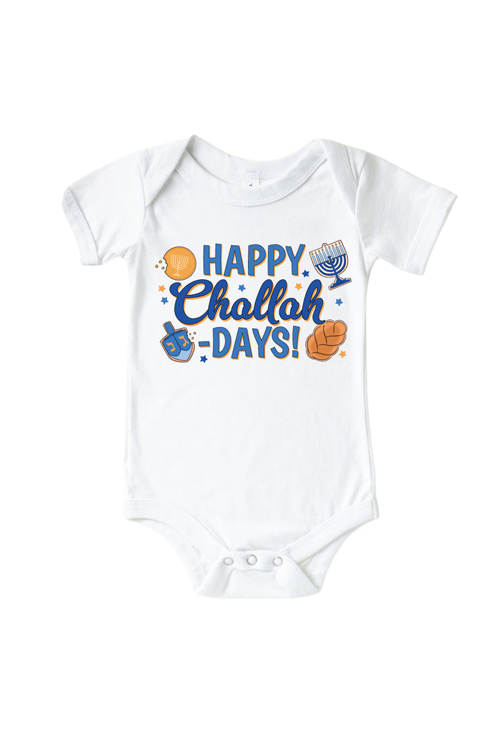 Caden Lane Happy Challah-Days baby bodysuit, white onesie with menorah, dreidel, and challah graphic