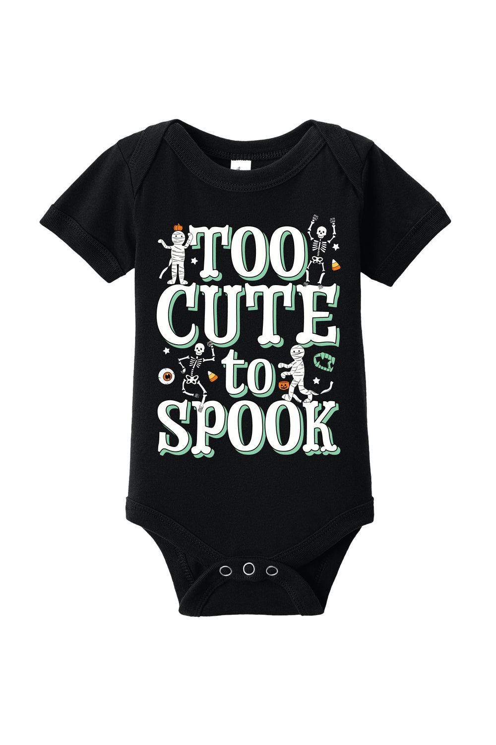 Black baby onesie with 'Too Cute to Spook' text and Halloween-themed graphics on a white background.