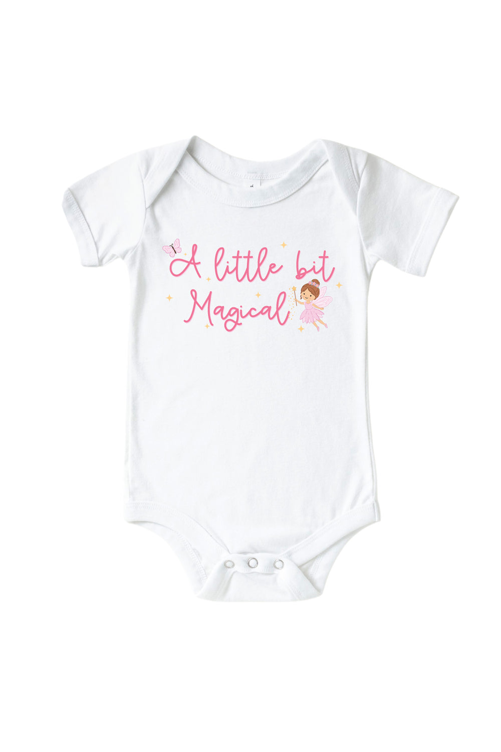 Fairy Wishes white baby bodysuit with 'A Little Bit Magical' in pink script and a fairy