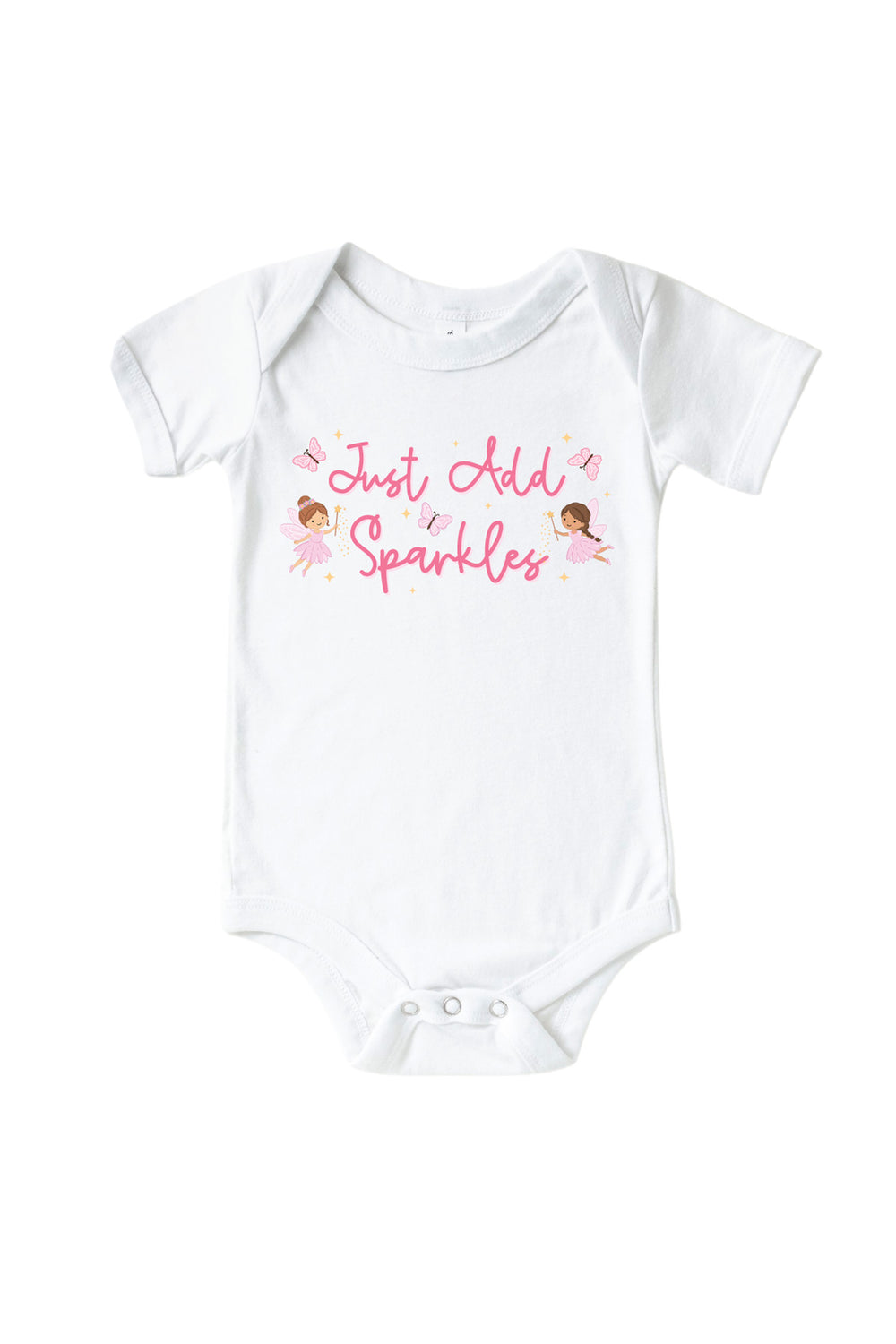 Fairy Wishes white baby bodysuit with 'Just Add Sparkles' in pink script with fairies and butterflies