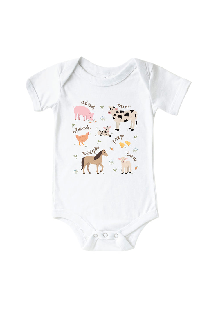 Caden Lane baby onesie with farm animal sounds design featuring pig, cow, chicken, horse, and lamb illustrations