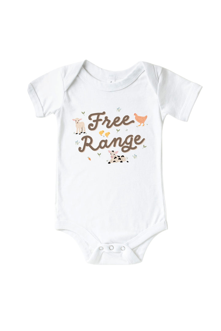 Caden Lane baby onesie with 'Free Range' farm graphic featuring lamb, chicks, chicken, and calf