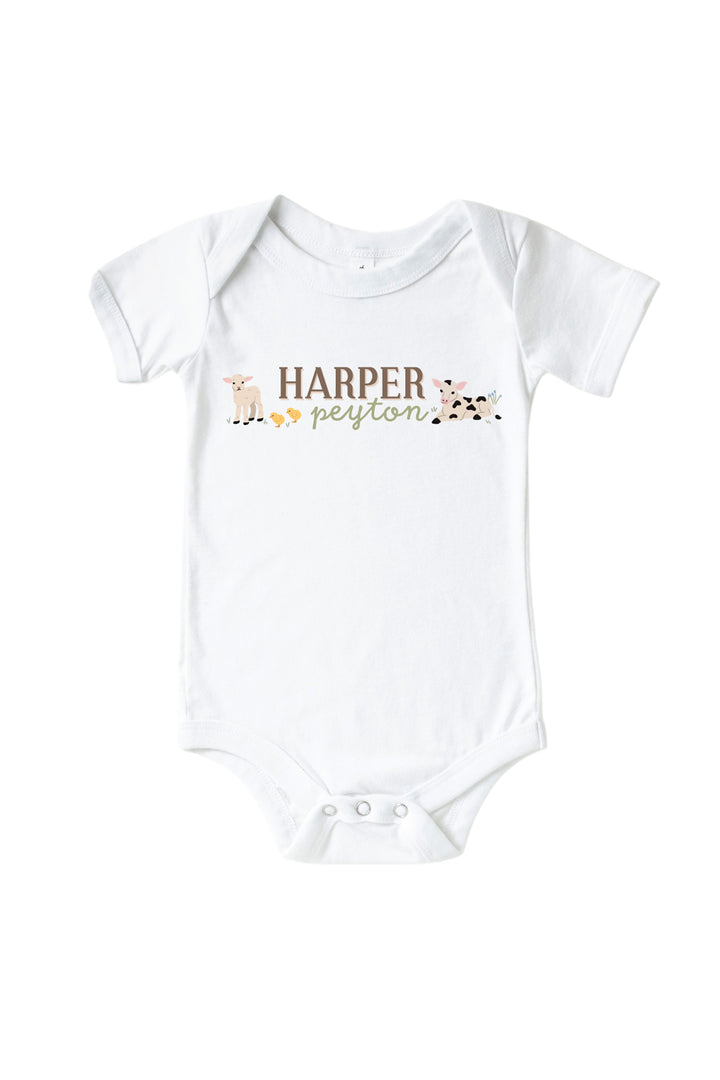 Caden Lane personalized baby onesie with custom name 'Harper Peyton' and farm animal design