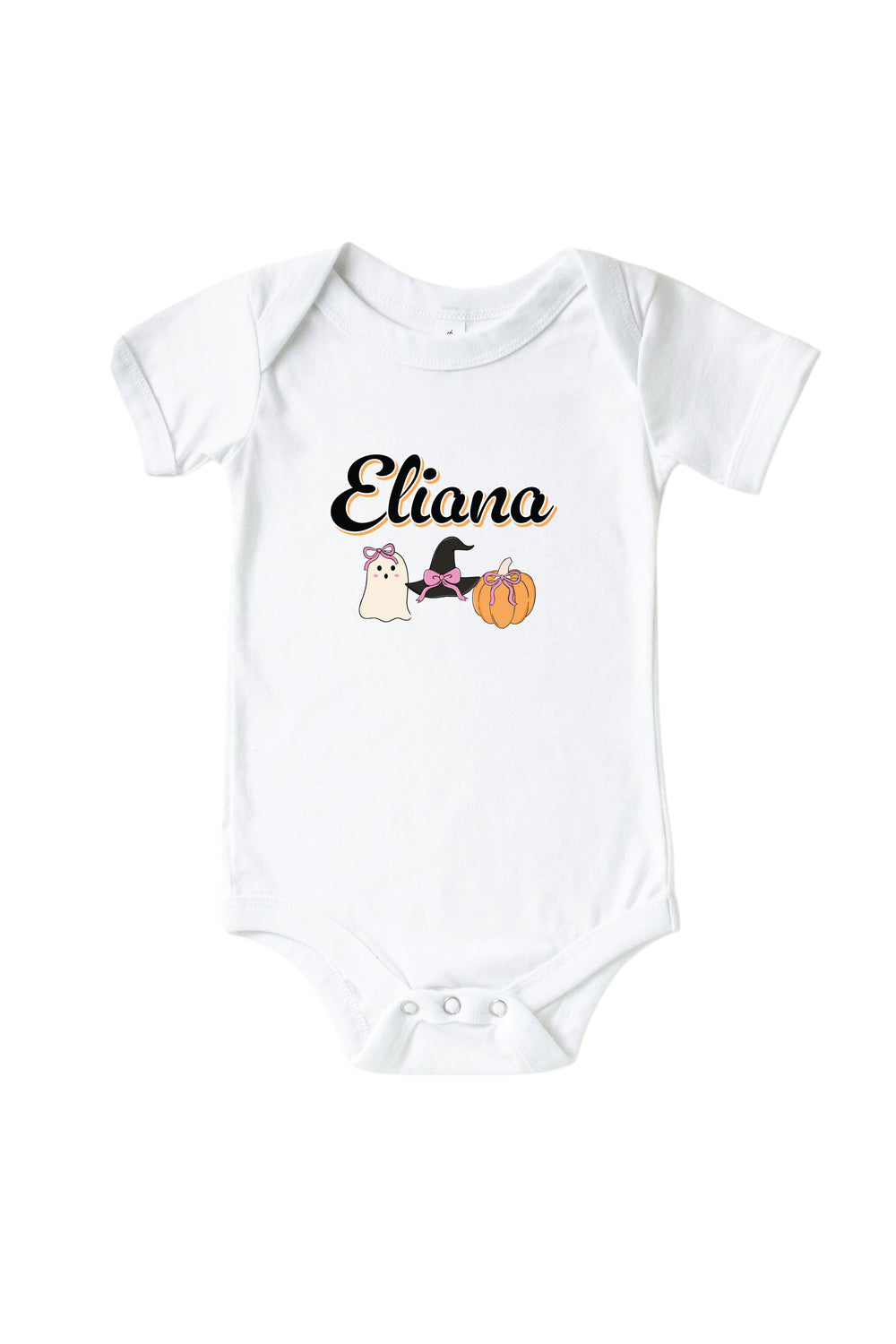 A white short-sleeve baby bodysuit with a custom graphic print on the chest. The print features the name 'Eliana' in black cursive, accompanied by a small cartoon illustration of a white cat wearing a black witch hat next to an orange pumpkin.