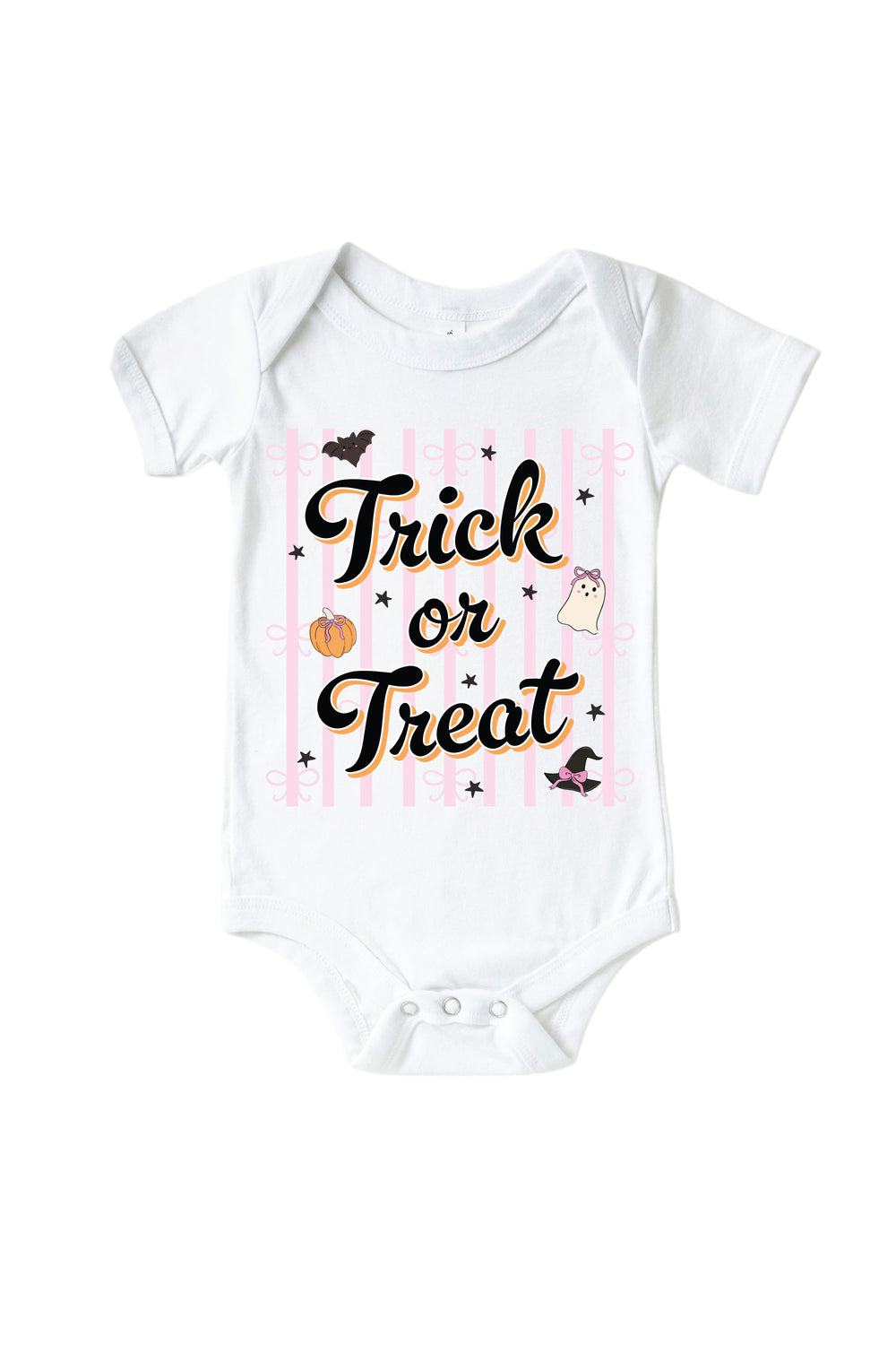White baby bodysuit printed with 'Trick or Treat' text on pink stripes, decorated with a pumpkin, bat, ghost, and witch hat.