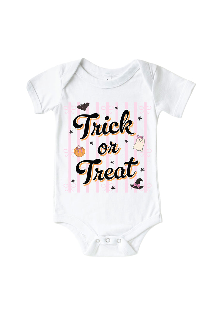 White baby bodysuit printed with 'Trick or Treat' text on pink stripes, decorated with a pumpkin, bat, ghost, and witch hat.