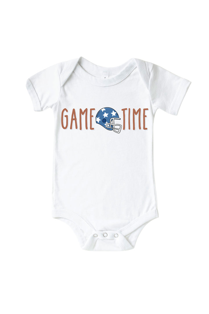 Caden Lane Graphic Bodysuit & Kids' Tee, Game Time Blue — baby bodysuit in white with "Game Time" graphic, featuring a blue star helmet