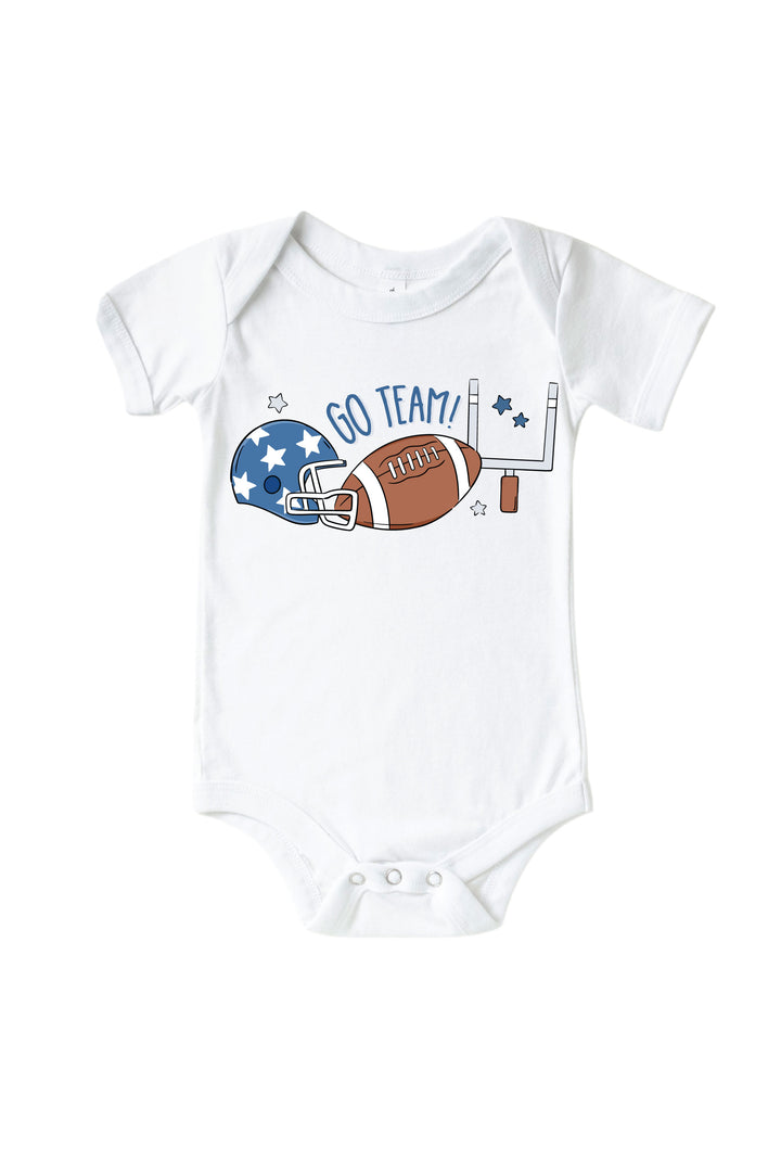 Caden Lane baby onesie in white with "Go Team!" football graphic, featuring a blue star helmet, football, and goal post design