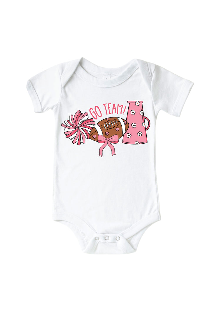 Caden Lane Graphic Bodysuit & Kids' Tee | Go Team Pink — baby bodysuit in white with "Go Team!" cheerleading graphic, featuring pink pom poms, a floral football, and megaphone design