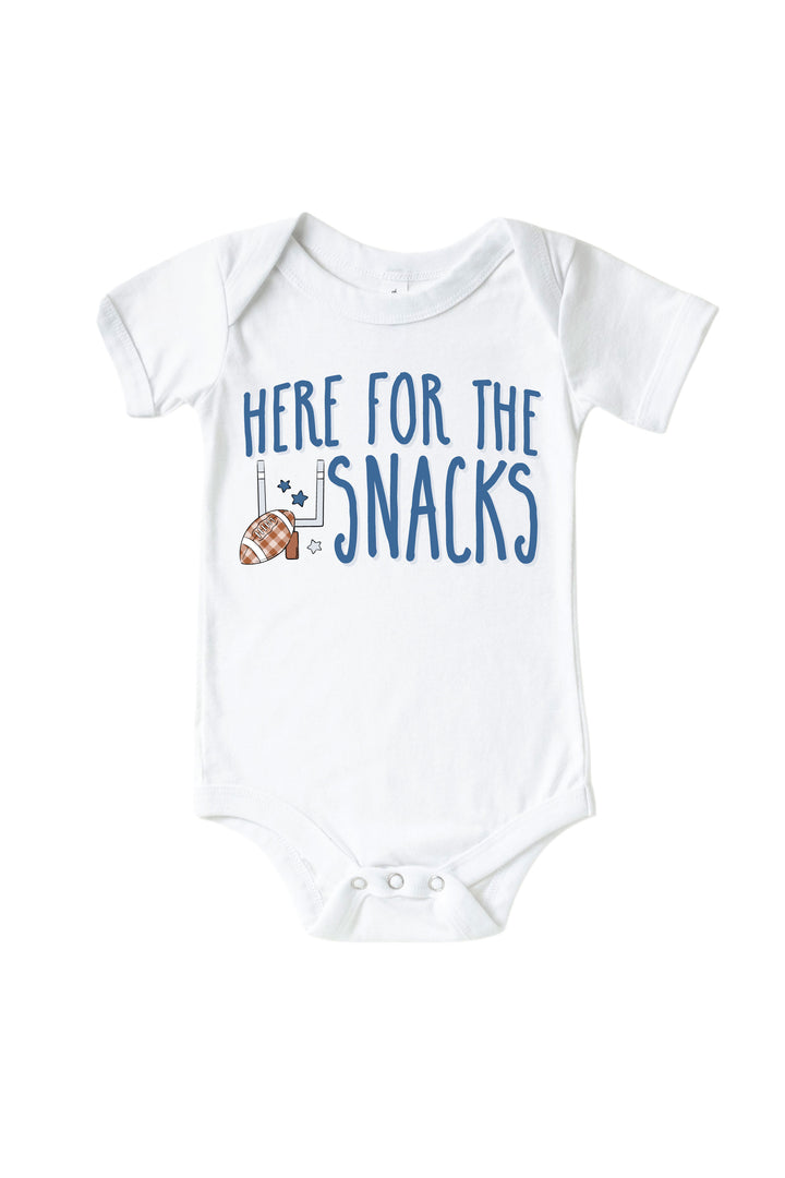 Caden Lane Graphic Bodysuit & Kids' Tee Here for the Snacks Blue — baby bodysuit in white with "Here for the Snacks" football graphic, featuring a plaid football, goal post, and stars design