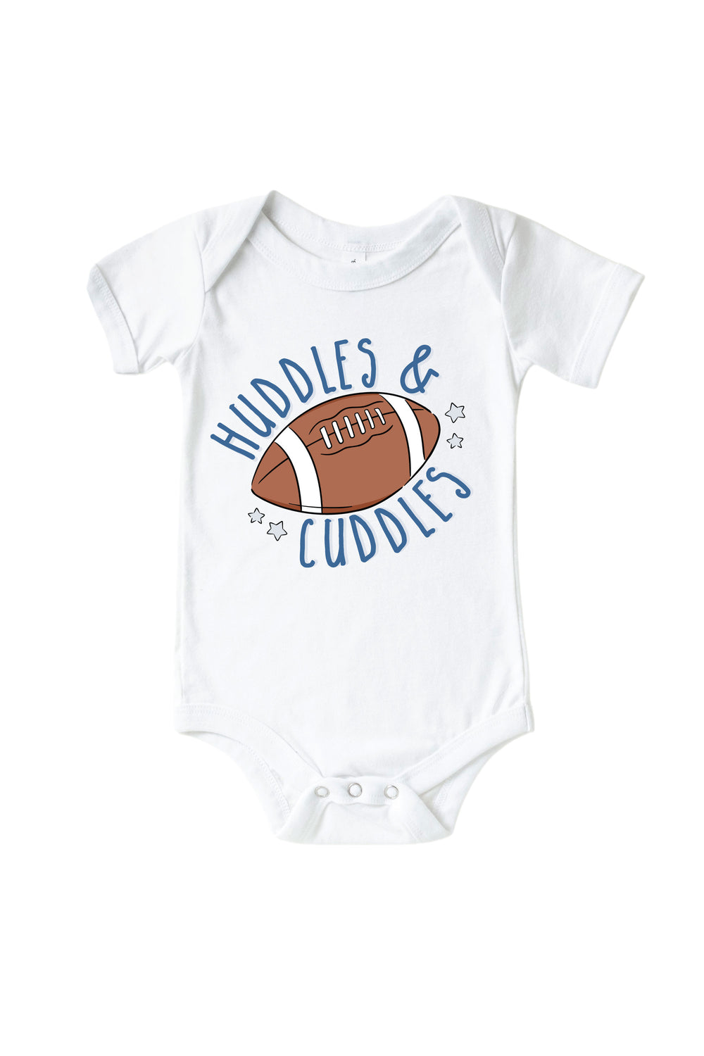 Caden Lane Graphic Bodysuit & Kids' Tee, Huddles & Cuddles Blue — baby bodysuit in white with "Huddles & Cuddles" graphic, featuring a football and star design