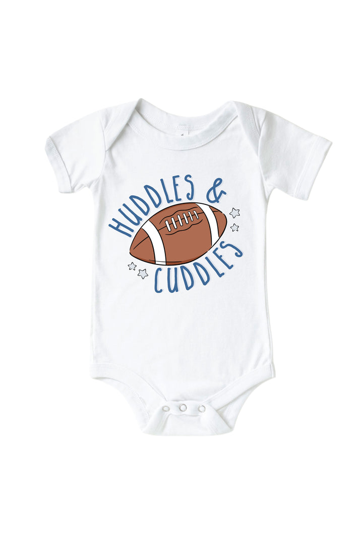 Caden Lane Graphic Bodysuit & Kids' Tee, Huddles & Cuddles Blue — baby bodysuit in white with "Huddles & Cuddles" graphic, featuring a football and star design