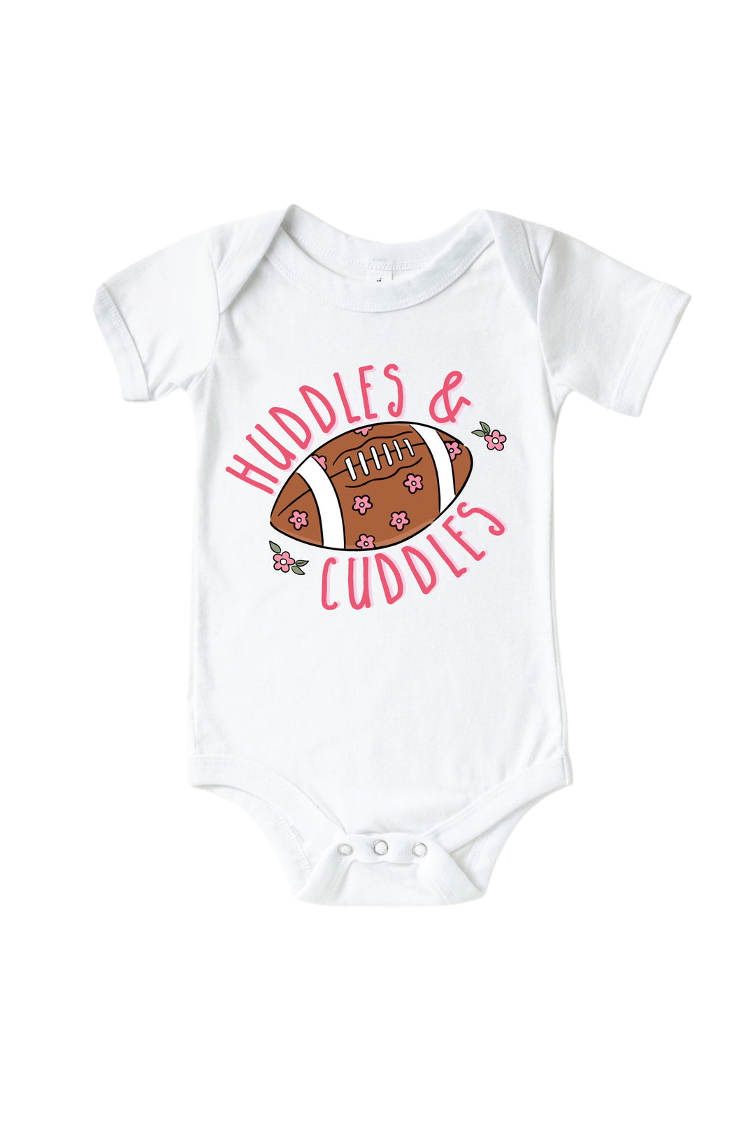 Caden Lane Graphic Bodysuit & Kids' Tee, Huddles & Cuddles Pink — baby bodysuit in white with "Huddles & Cuddles" graphic, featuring a floral football design
