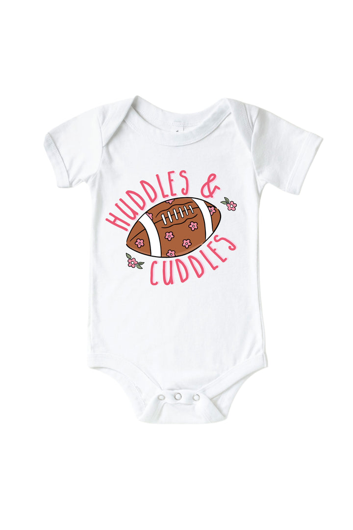 Caden Lane Graphic Bodysuit & Kids' Tee, Huddles & Cuddles Pink — baby bodysuit in white with "Huddles & Cuddles" graphic, featuring a floral football design