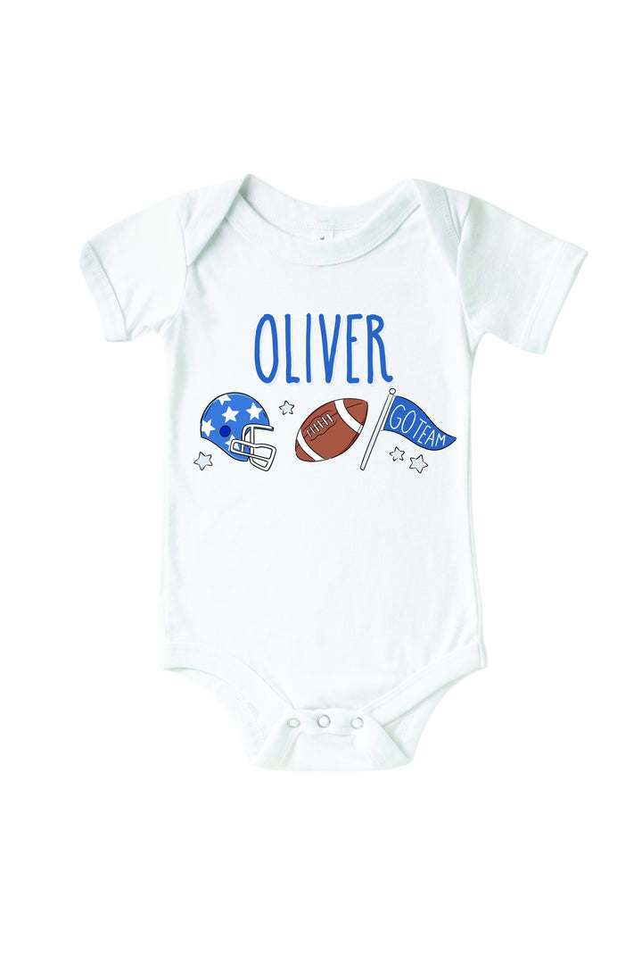 Caden Lane Personalized Graphic Bodysuit & Kids' Tee, Blue — baby bodysuit in white with custom name "Oliver" and a football graphic featuring a star helmet, football, and "Go Team" flag