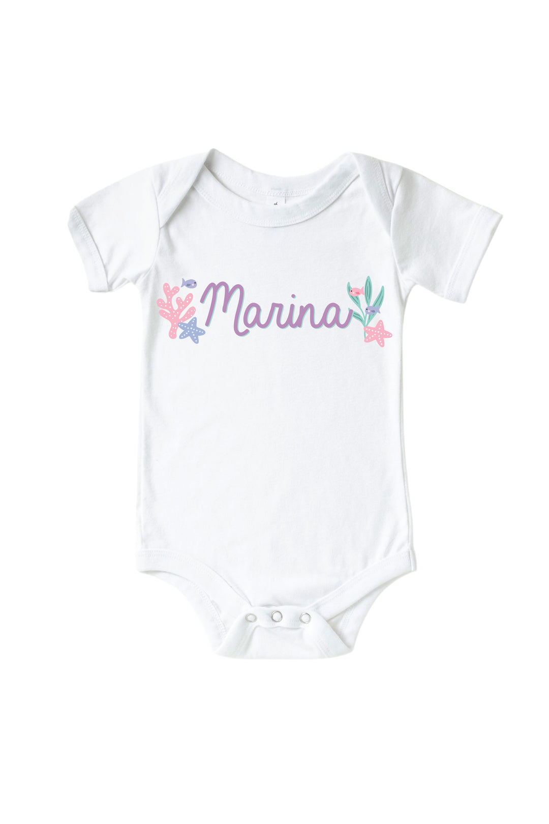 personalized mermaid graphic kids tee and baby bodysuit in white, flat lay view