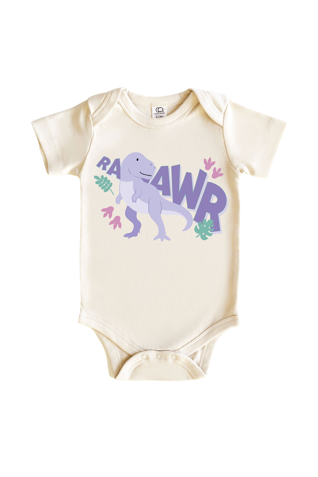 Natural cream baby bodysuit with RAAWR text and a purple T-Rex dinosaur graphic with pink and green leaf accents