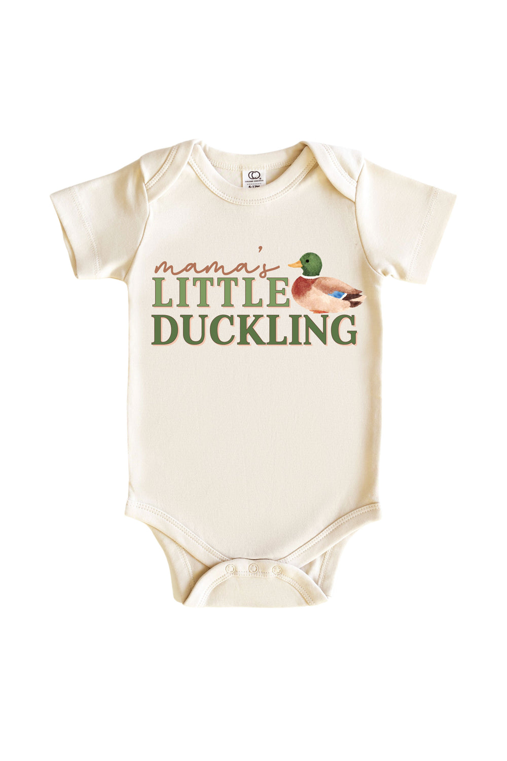 Natural baby bodysuit with mama's Little Duckling text and mallard duck illustration on front
