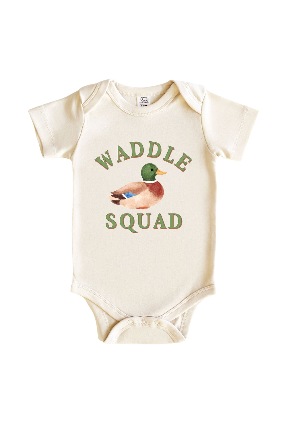 Natural baby bodysuit with WADDLE SQUAD text and mallard duck illustration on front