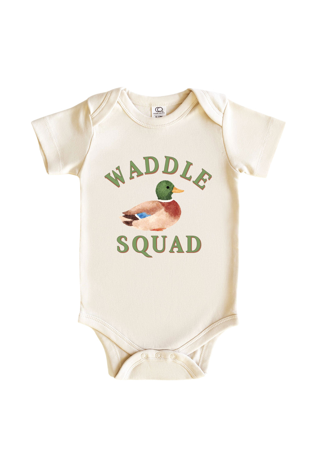 Natural baby bodysuit with WADDLE SQUAD text and mallard duck illustration on front