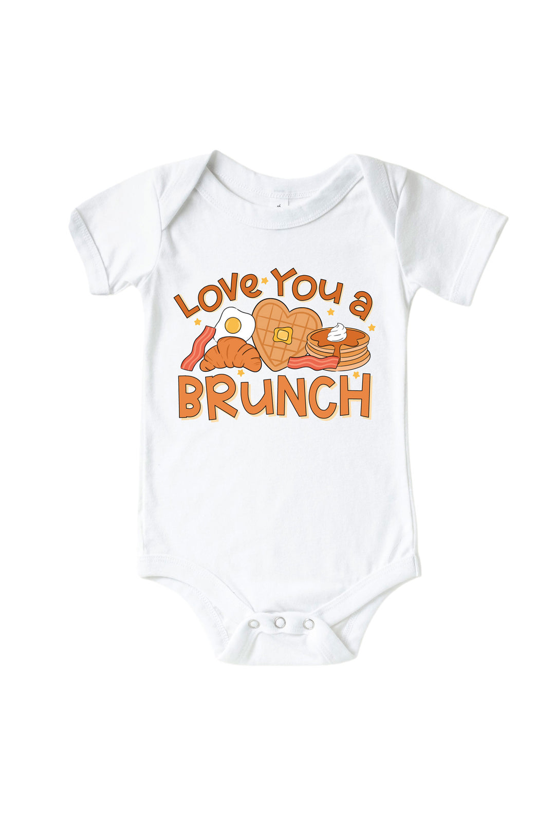 Caden Lane baby graphic bodysuit with “Love You a Brunch” breakfast design featuring waffles, pancakes, bacon, egg and croissant.