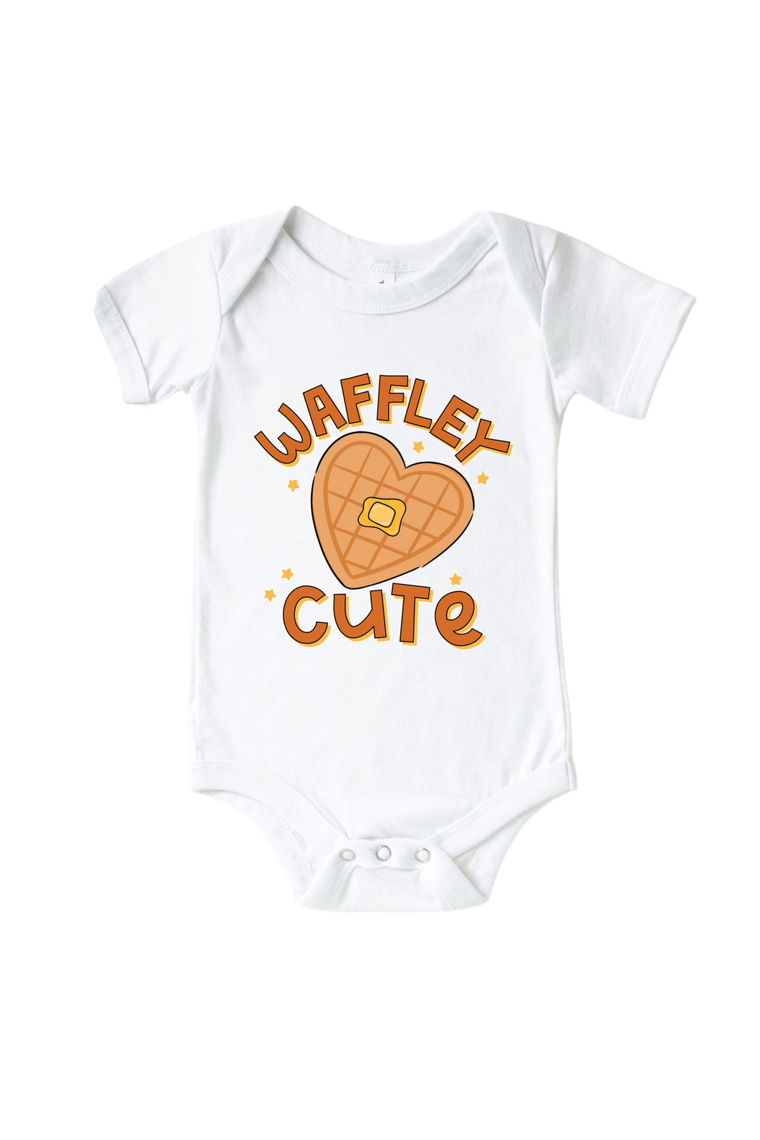 A white Caden Lane short-sleeve baby bodysuit featuring a 'WAFFLEY CUTE' graphic on the chest with a waffle-patterned heart and butter detail, displayed flat against a white background.