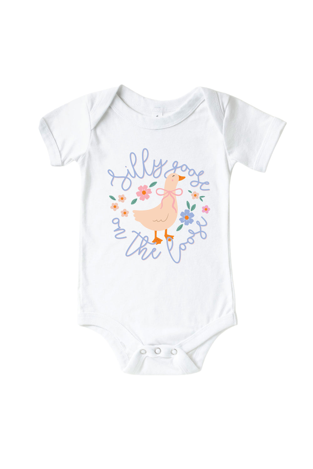 White baby bodysuit mockup with Silly Goose On The Loose graphic featuring a goose surrounded by flowers and script text on a white background
