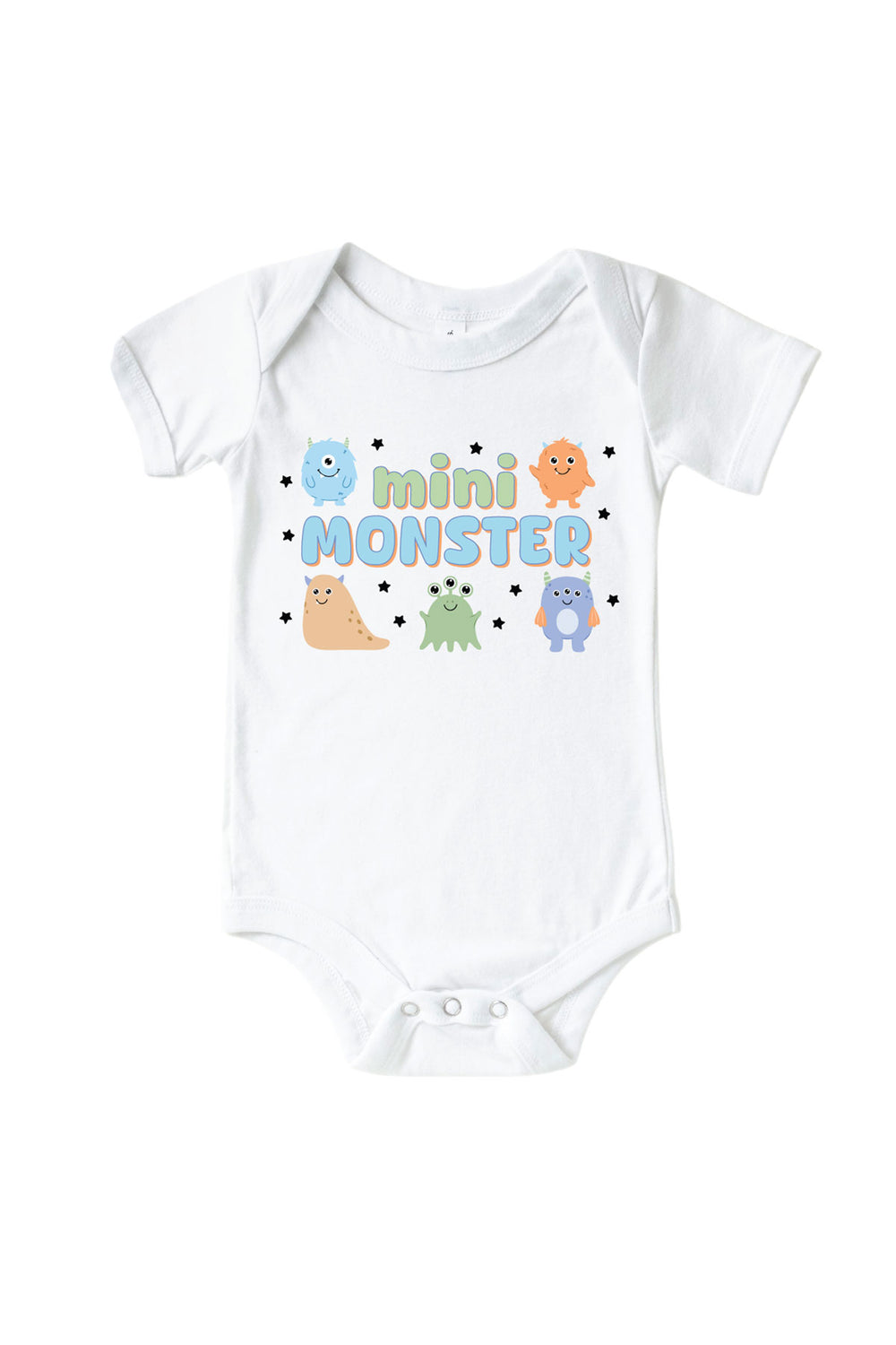 Caden Lane white baby onesie with "Mini Monster" graphic in green and blue lettering, featuring blue, orange, tan, green, and purple cartoon monsters and stars