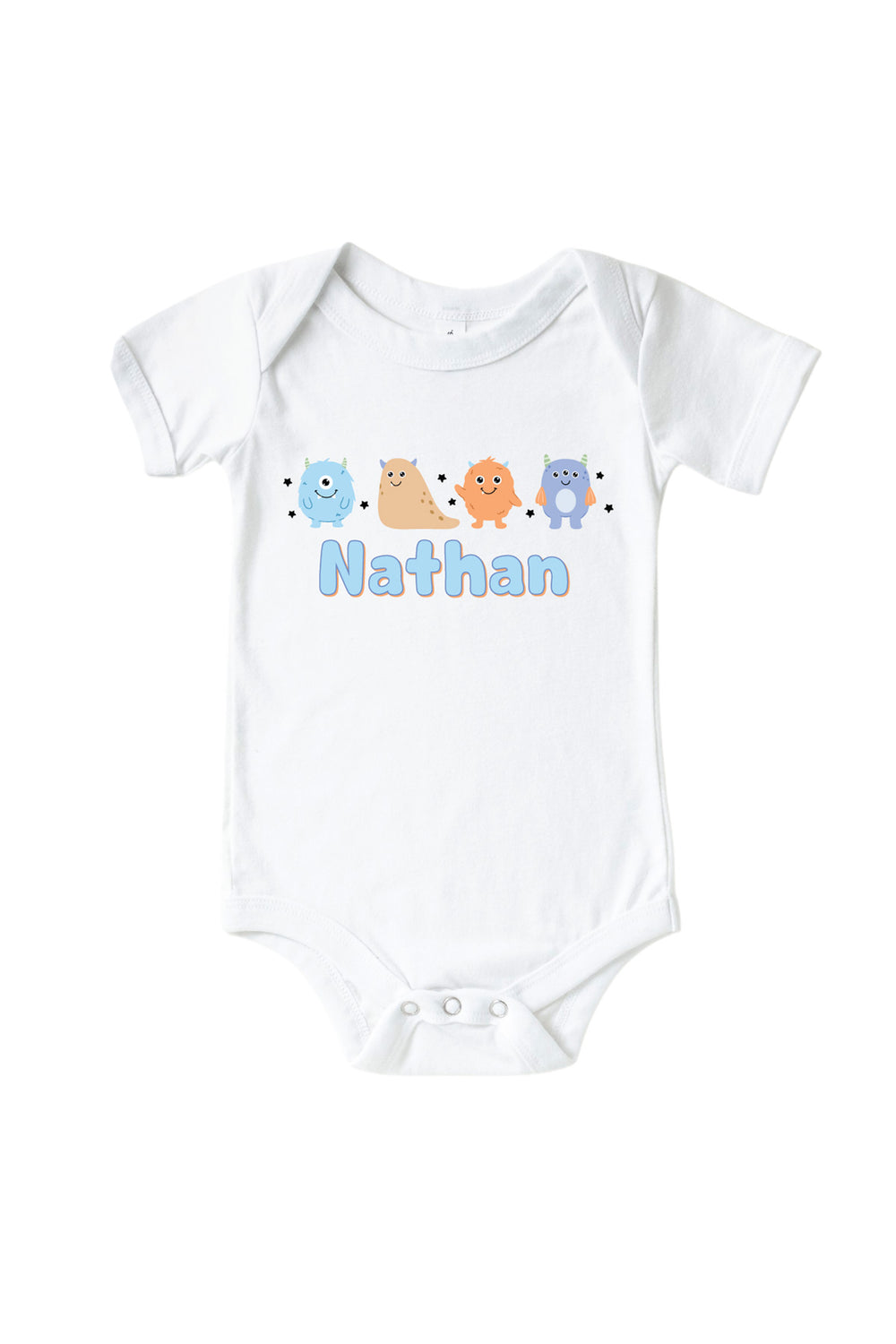 Caden Lane white baby onesie personalized with "Nathan" in blue lettering, featuring blue, tan, orange, and purple cartoon monsters and stars