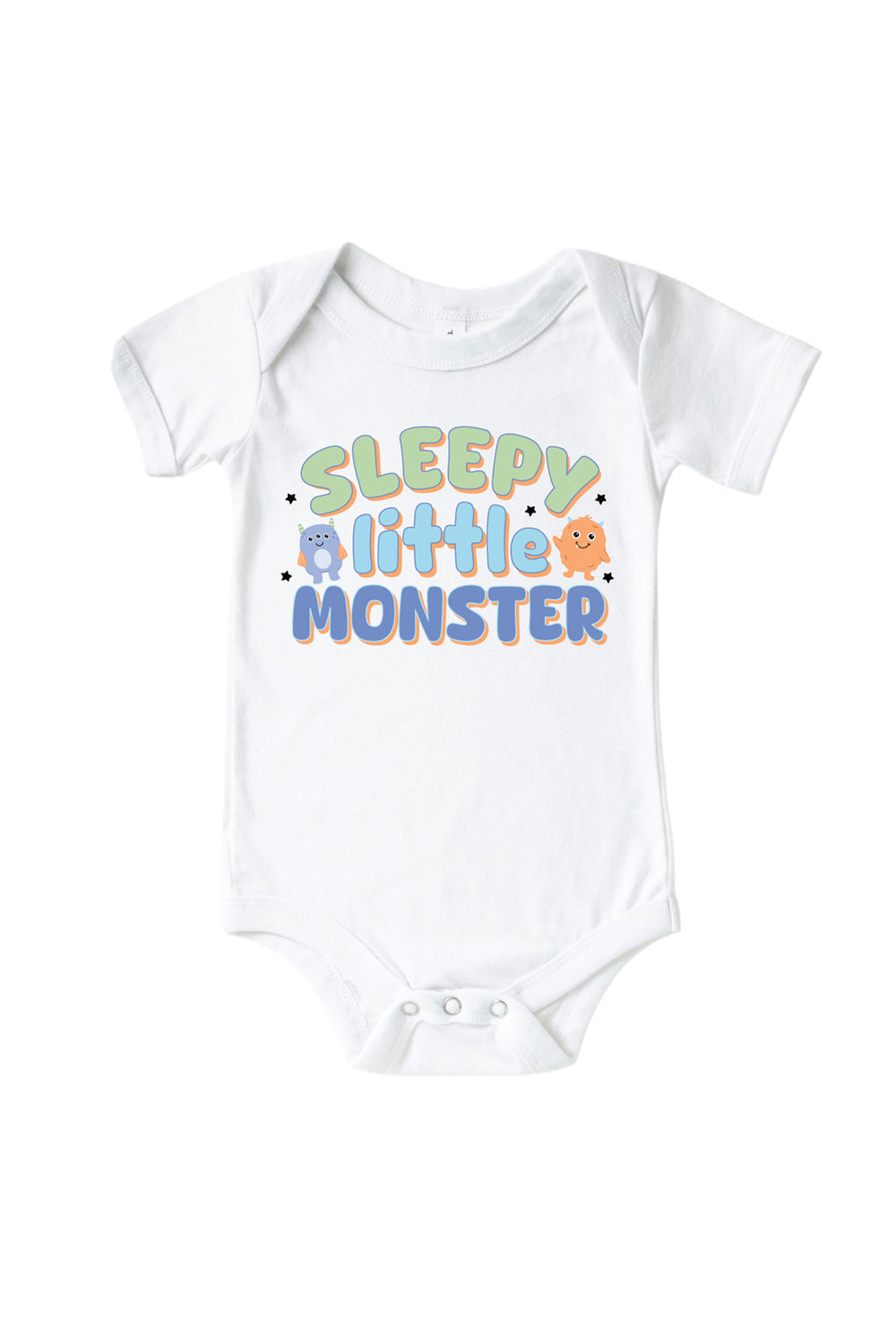 Caden Lane white baby onesie with "Sleepy Little Monster" graphic in green and blue lettering, featuring blue and orange cartoon monsters and stars