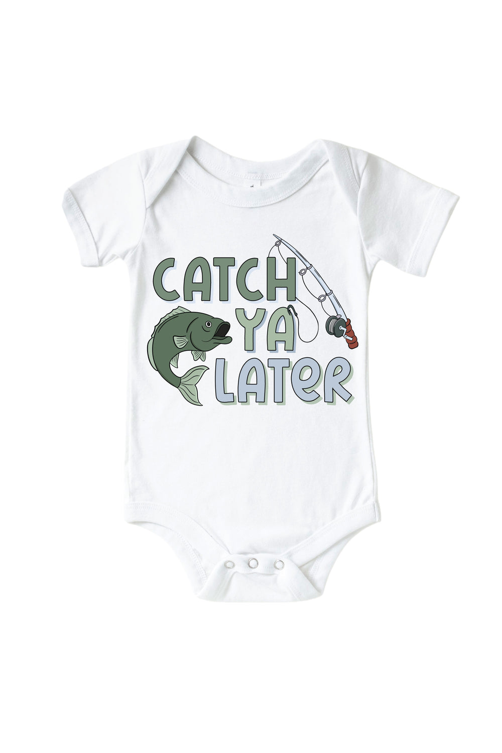 Catch Ya Later baby bodysuit with fish and fishing rod graphic flat lay on white background