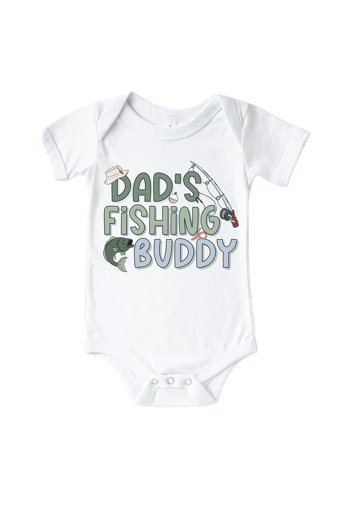 Dad's Fishing Buddy baby bodysuit with colorful fishing graphic flat lay on white background