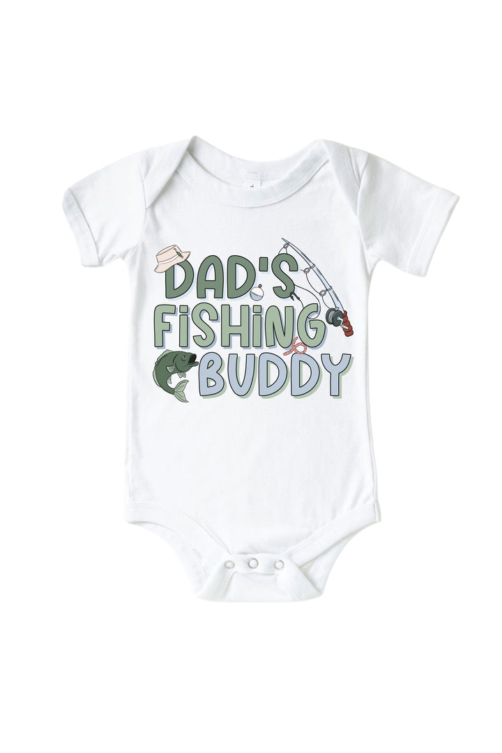 Dad's Fishing Buddy baby bodysuit with colorful fishing graphic flat lay on white background