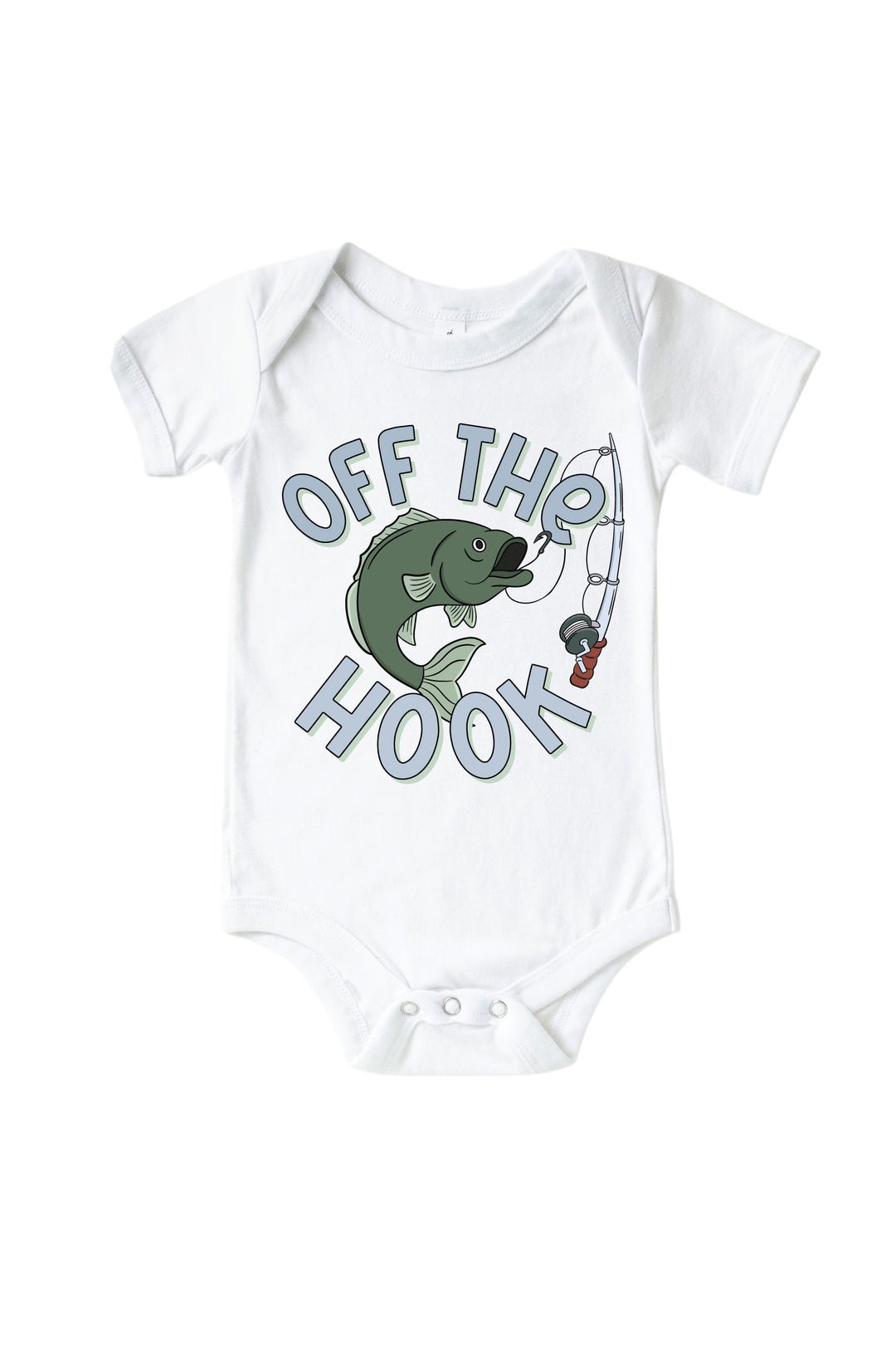 Off The Hook baby bodysuit with fish hooking graphic and Off The Hook text flat lay on white background