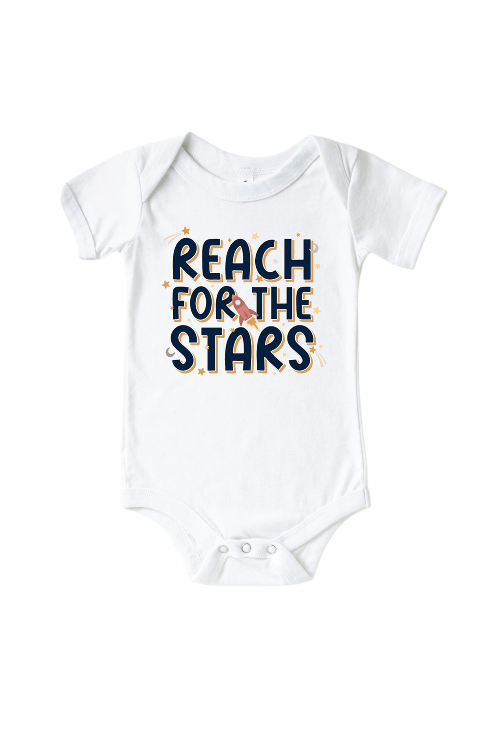 Flat lay of a Caden Lane white short-sleeve bodysuit with a Stellar Snuggles graphic featuring a rocket and stars, reading “Reach for the Stars.”